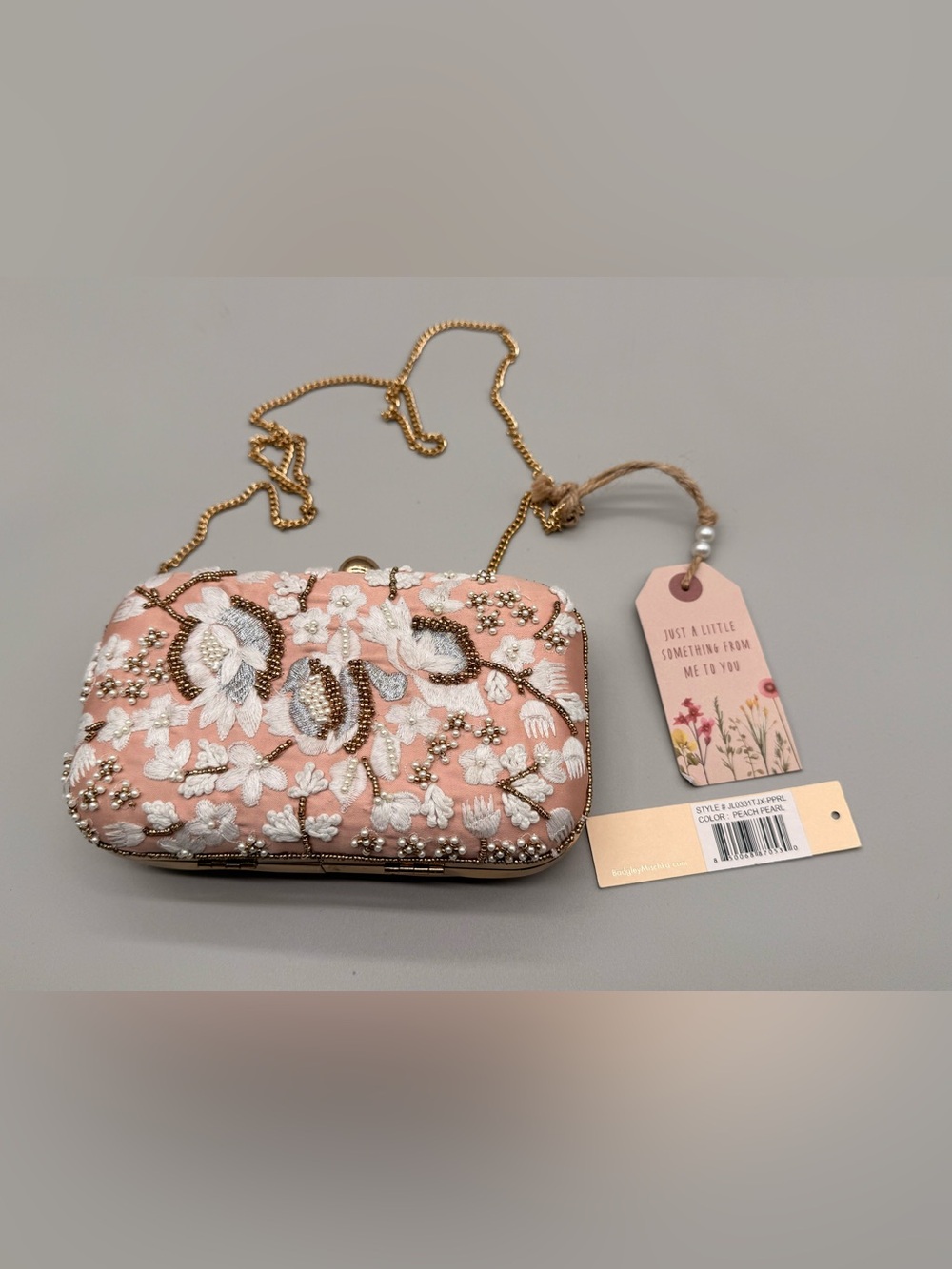 Jewel Badgley Mischka Women’s Pink Floral Embroidered Clutch with chain